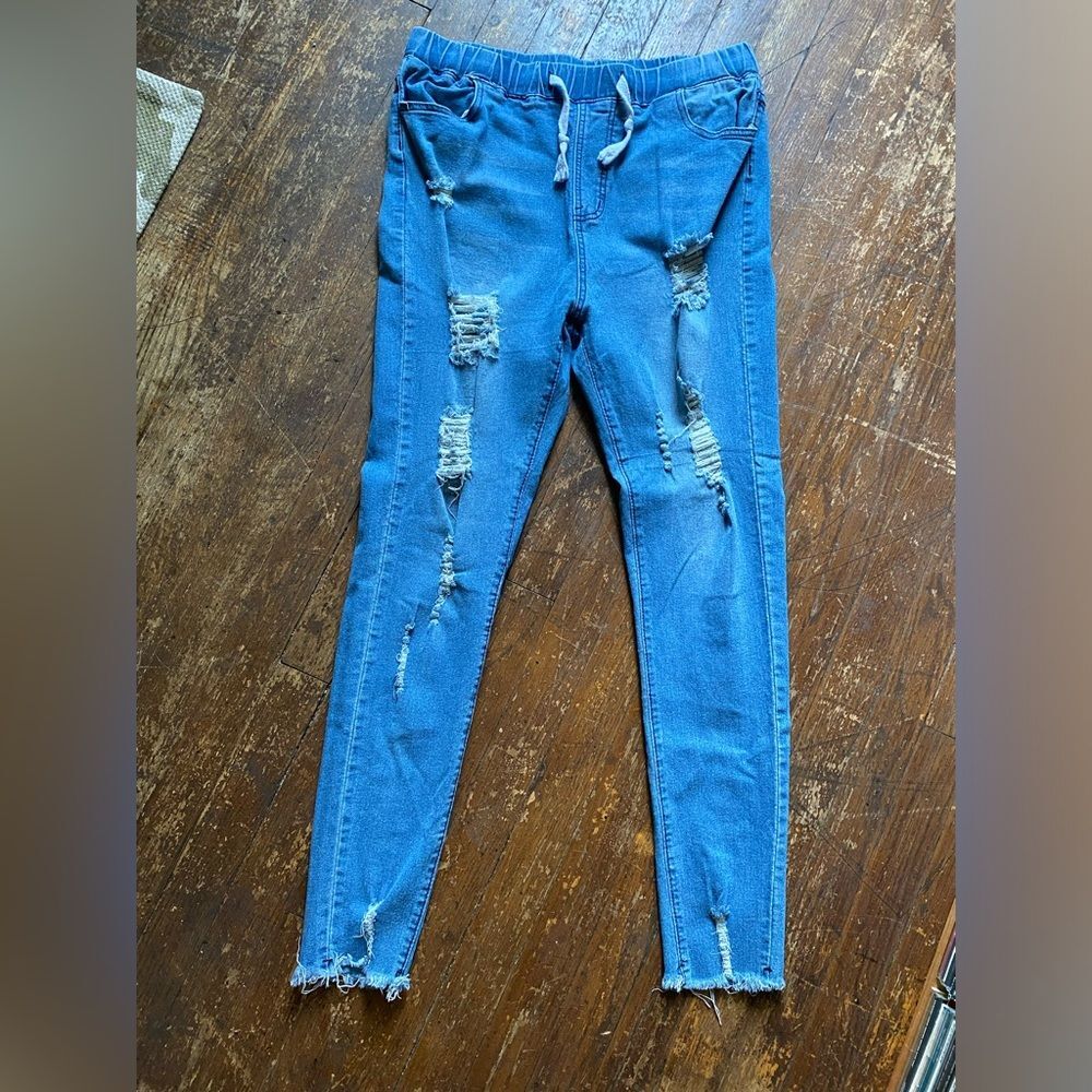 Stretchy Drawstring Distressed Skinny Jeans Womens Size L/XL